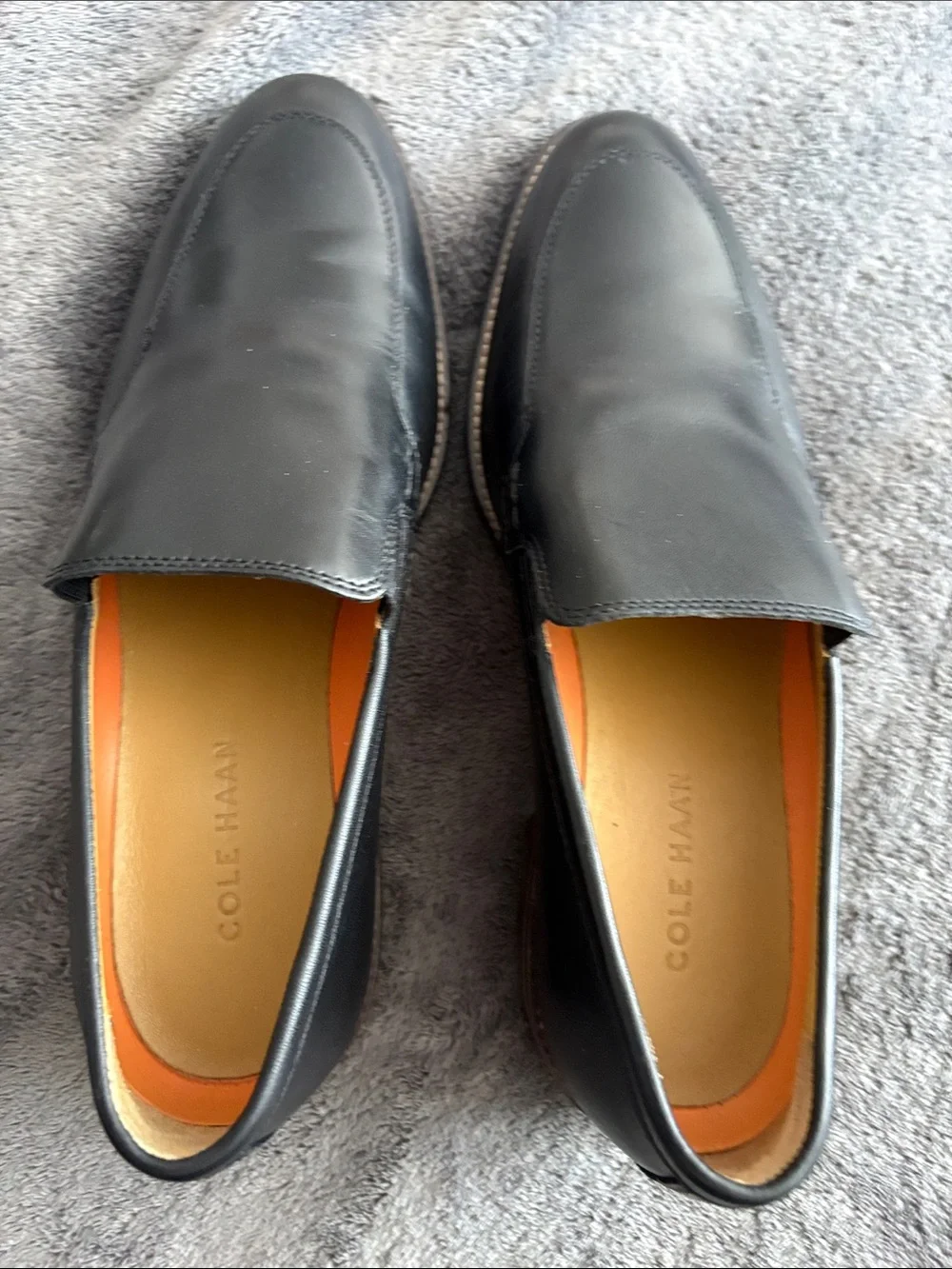 Cole Haan Black Leather Slip-On Loafers with Orange Insole Trim